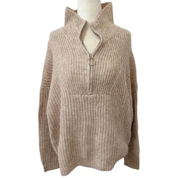 George Womens Quarter Zip Ribbed Knit Sweater Size Large Beige Oatmeal Pullover - Picture 2 of 8